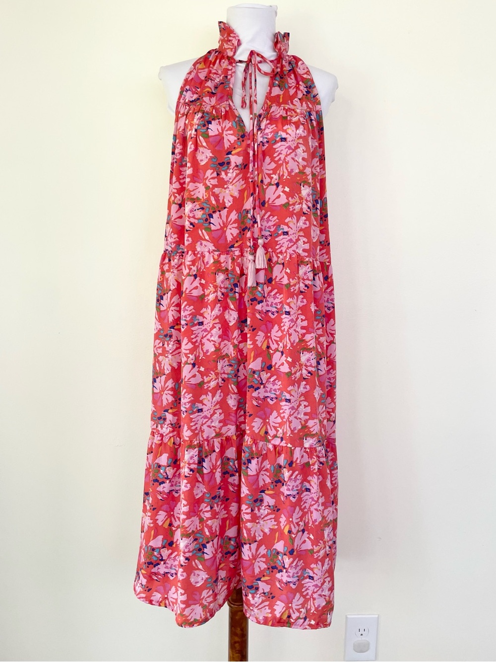 Luna Llena Floral Tiered Tassle Tie Neck Sleeveless Midi Dress Pink M Medium